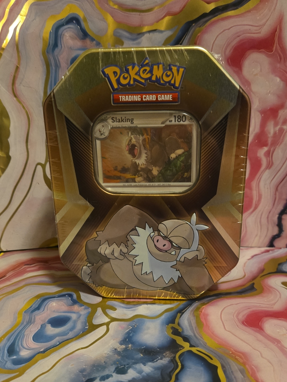 +FLASH SALE+ Pokemon Gold Slaking Tin with Featured Card